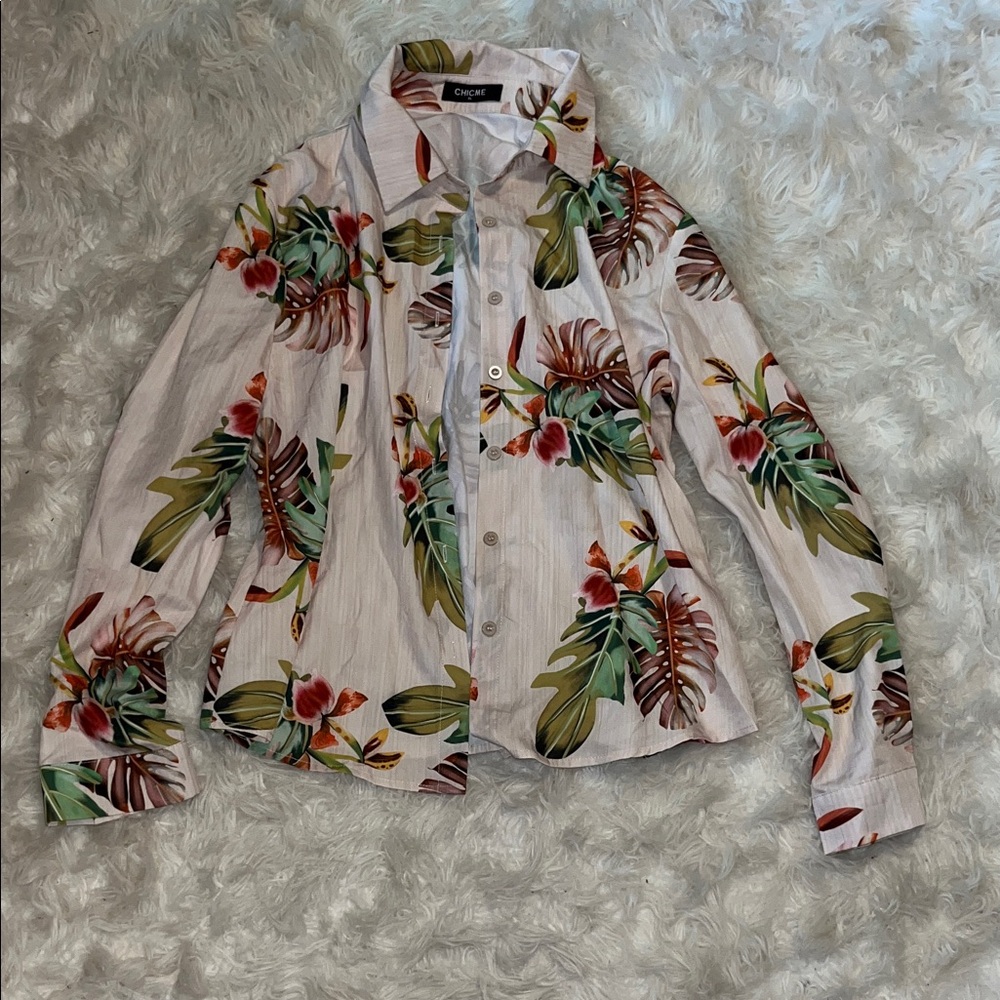 ChicMe White Button-Down Shirt with Green and Red Floral Print